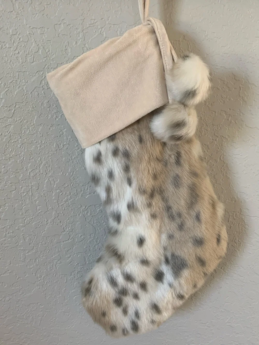 Pottery Barn Teen Faux Fur Holiday Stocking in Cream and Tan Leopard pattern
